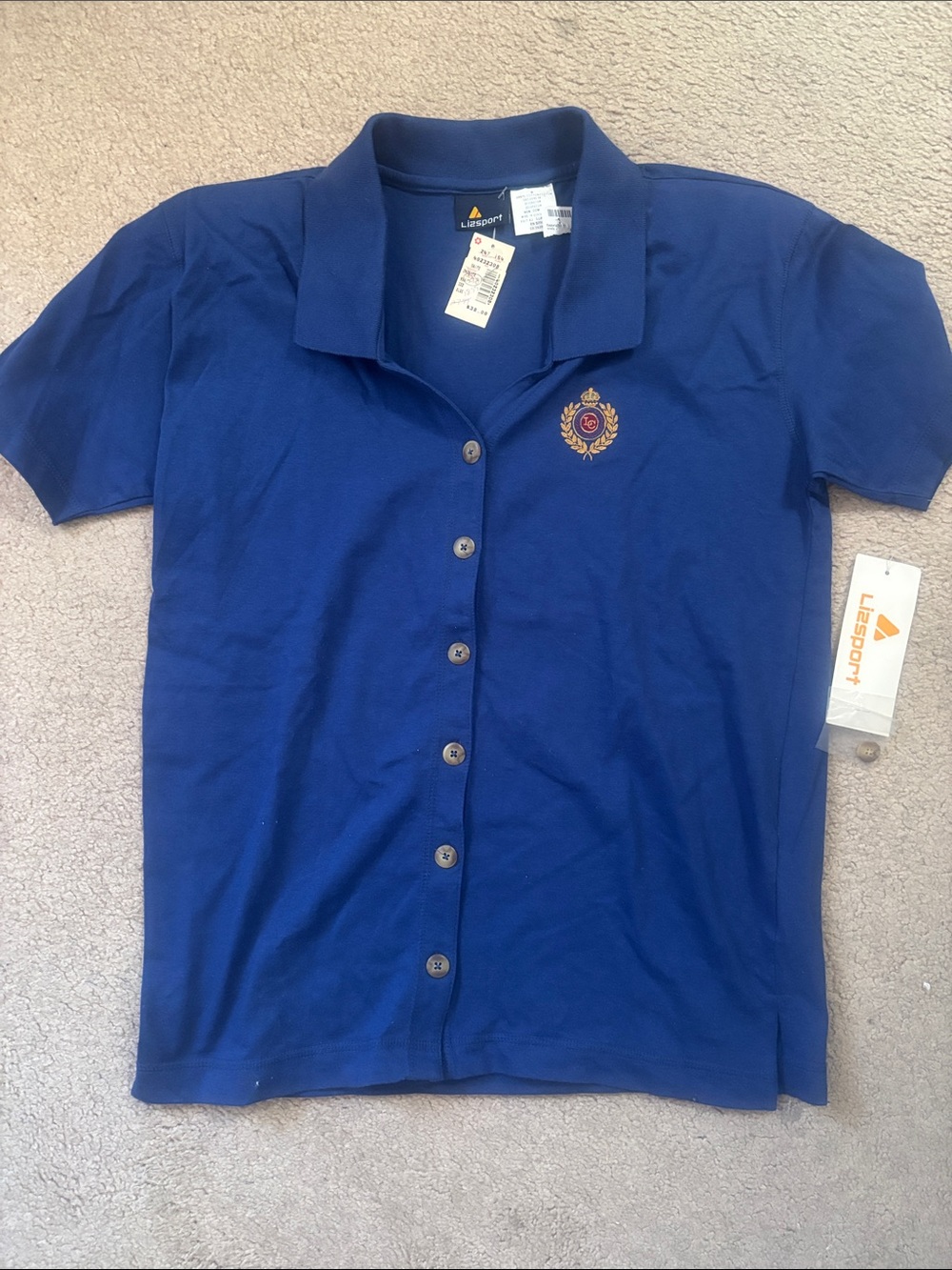 NWT Vintage Lizsport royal blue L button down SS polo w/crest. Shoulder pads